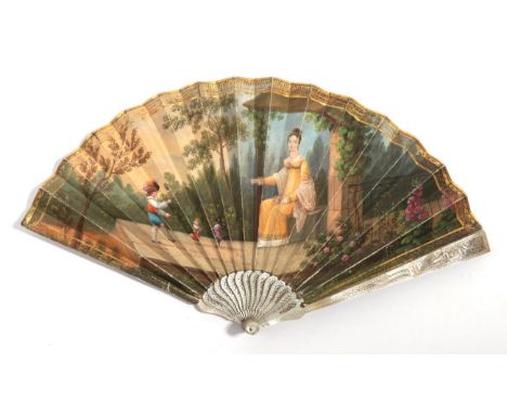A Regency Fan, circa 1820, the monture of delicately carved and pierced mother-of-pearl, the guards featuring a figure, the d