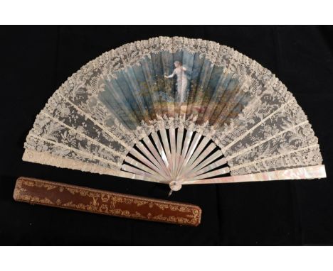 A Fine and Large Circa 1890's Pink Mother-of-Pearl Fan, the sticks plain, with silver metal loop. The centre of the leaf, of 