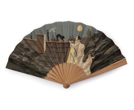 The Cat on a Hot Tin Roof: An Early 20th Century Paper Fan mounted on simple pale wooden sticks, the double leaf printed with