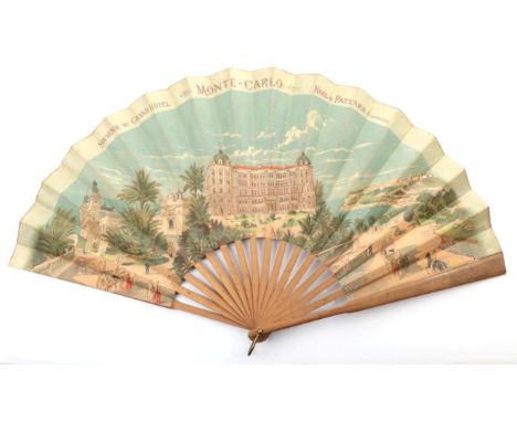 A Large Colourful Late 19th Century Fan, advertising the Grand Hotel Monte Carlo, showing the hotel in prime position perched