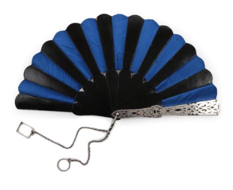A Scarce Example of a Riding Fan, 1875, the guards mounted in carved and incised silver in bold patterns and hallmarked Londo