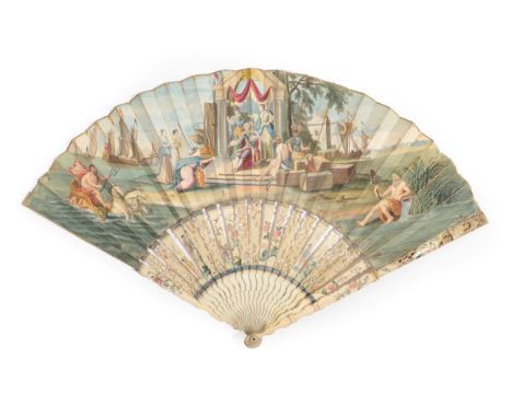 A Rare Mid-18th Century Fan, depicting an Allegory of Trade, showing  King George III in regal robes seated on a throne surro