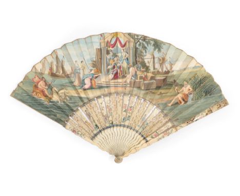 A Rare Mid-18th Century Fan, depicting an Allegory of Trade, showing  King George III in regal robes seated on a throne surro