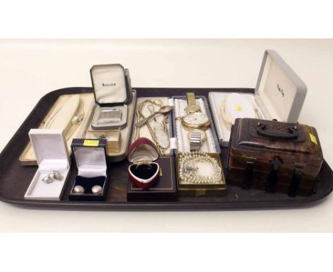 Collection of costume jewellery, Aintree Colibri cigareete lighter, gold plated pocket watch and two other wrist watches. Con