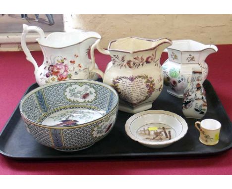 Royal Doulton bowl, Bruce Bainsfather dish, Masons, Worcester and three 19th century jugs. Condition report: see terms and co