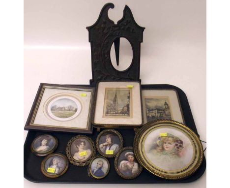 Quantity of assorted framed miniature prints and oval portraits to include early nineteenth male portrait (quantity). Conditi