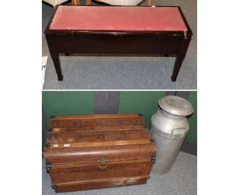A 1930's duet seat, aluminium butter churn and a tin trunk (3)