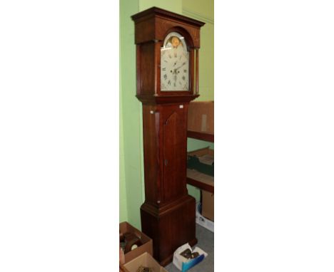 An oak eight day longcase clock, signed Jn Dobbie, Tanfield, painted arched dial