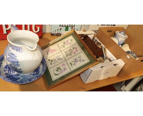 A large Spode modern pottery jug; bowl; cased plated fish eaters; plated tea service; coffee set; framed tapestry; tea wares;