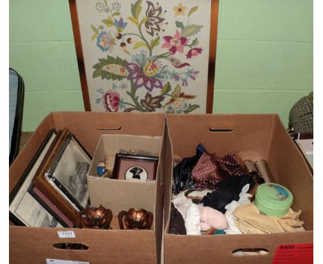 Assorted gloves, scarves, two lengths of Japanese brocade fabric applique firescreen, matching candle holders, prints, desk s