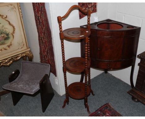 A George III mahogany corner washstand; a bobbin turned cake stand; and a 1930's oak small stool (3)