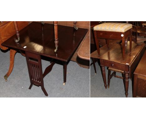 A Victorian oak Pembroke table; together with two stools; and a George III oak tripod table 