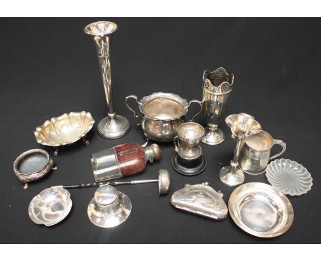 A collection of assorted silver including sugar bowls, a small jug, three spill vases, a hip flask, ash tray, an inkwell and 