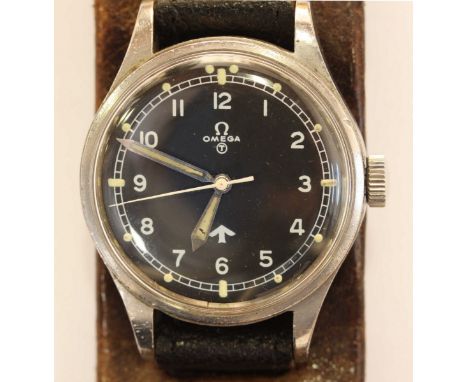 A rare 1950s Omega '53' RAF Pilots military issue mechanical stainless steel wrist watch, the black dial with Arabic numerals