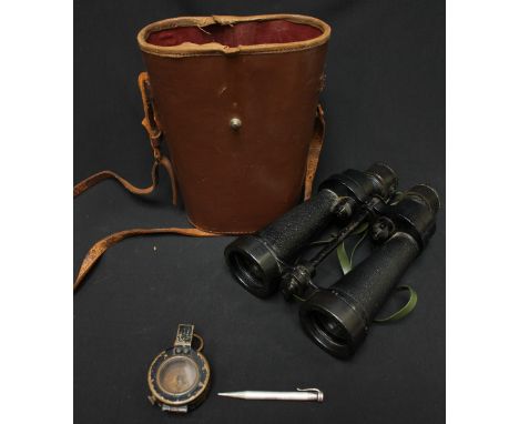 A pair of WWII ships binoculars, together with a WWII compass dated 1942, and a silver RNLI propelling pencil. (3)
