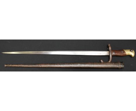 A 19th century French Gras bayonet, the blade back inscribed M're d' Armes de St. Etienne Avril 1876', in a steel scabbard