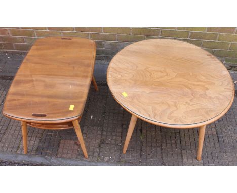An Ercol light elm circular coffee table, and similar Ercol rectangular coffee table with undertier. (2)