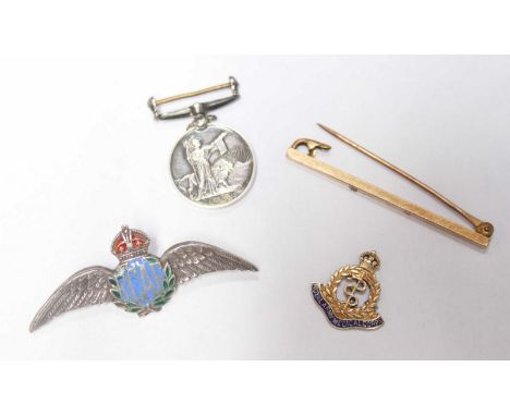 A Royal Army Medical Corps 9ct gold sweetheart brooch (af), together with a silver RCAF wings badge, and a miniature Africa m