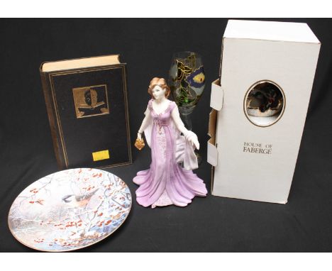 A collection of Compton & Woodhouse enamel decorated drinking glasses, four ceramics plates a Faberge egg, and a set of six b