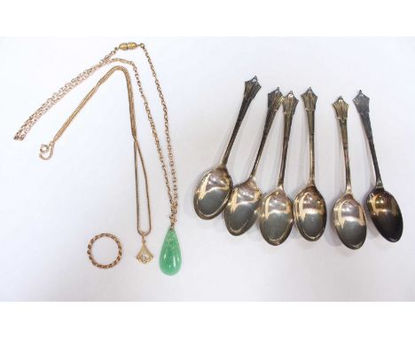 A 9ct gold rope necklace with illusion set diamond pendant, together with a jade and gold pendant necklace, an unmarked yello