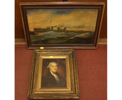 An maritime painting - WWI Royal Naval destroyer on the North Sea, oil on canvas 28 x 61 cm, framed, together with an oleogra
