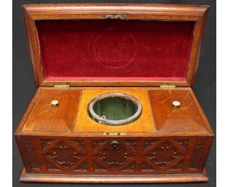 An oak tea caddy made using recovered oak from the Royal George, the top with engraved plaque reading 'WOOD from the wreck of