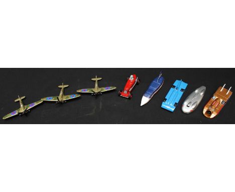 A collection of four Lledo model speed challenge cars: Spirit of America Sonic I, Railton Mobil Special, Blue Bird, Thrust 2,