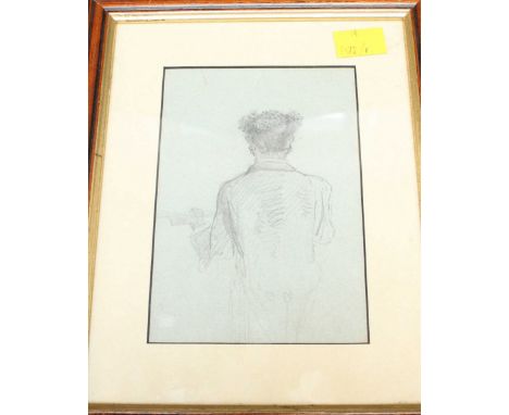 An unusual mid 20th pencil sketch of a waiter viewed from behind, signed indistinctly to the reverse. 16.5 11.5 cm.