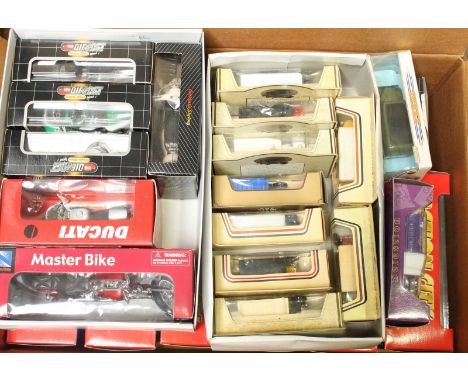 A collection of boxed scale models cars, including thirteen various motorbikes and various Models of Yesteryear vehicles etc