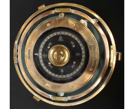 An early 20th century ships brass gimbal binnacle compass, numbered R/85/SIS/2 6605-99-460-6366, with twist fit lid