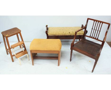 A mahogany duet stool with carved decoration and hinged seat enclosing storage space together with a small wooden stool with 