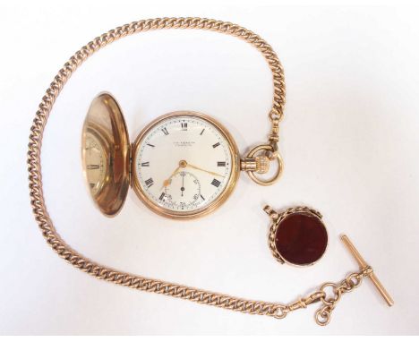 A J W Benson 9ct gold full hunter pocket watch, the signed white enamel dial with black Roman numerals and subsidiary seconds