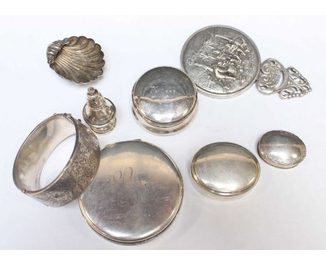 A group of four Continental silver pill boxes, together with a silver salt, miniature silver pepperette, stiff bangle, and a 