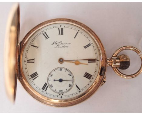 A 9ct gold J W Benson half hunter pocket watch, with white enamel dial, black Roman numerals and subsidiary seconds dial, the