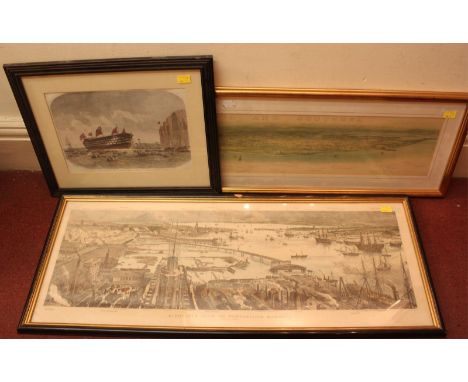 A Wyllie print of Portsmouth & Southsea, together with a birdseye view of Portsmouth Harbour, and an engraving of Royal Sover