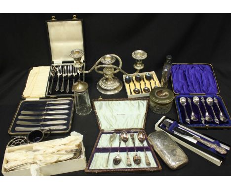 A silver-topped jar, set of cased silver-handled butter knives, together with a silver-plated hip flask and various plated fl