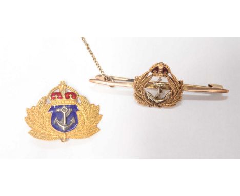 A WWII era 9ct gold Fleet Air Arm sweetheart brooch, with enamel crown crest and safety chain. 3.8 grams, together with a bas