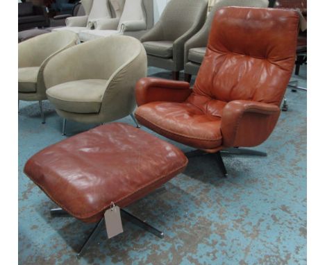RECLINING EASYCHAIR AND STOOL, vintage coach style tan hide with stitched detail revolving and reclining on an aluminium five