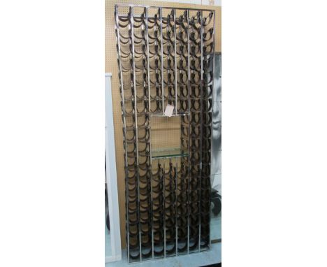 WINE RACK, of large proportions, in a chromed metal surround with glass shelf, 84cm x 25cm x 231cm H. 