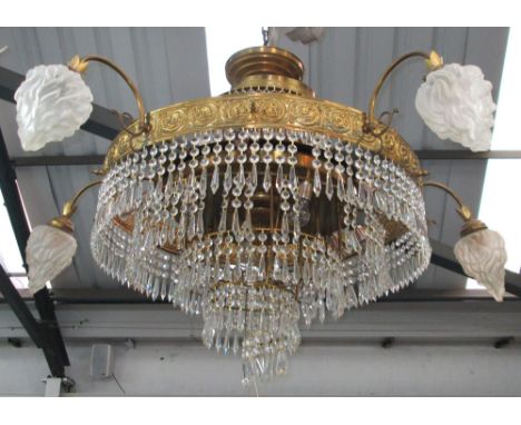 HANGING LAMP, with ten branches, circular, in brass frame with glass drops, 94cm diam x 78cm H, plus chain. (with faults)