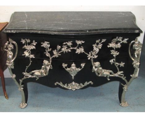 COMMODE, black of two drawers with serpentine marble top and silvered mounts, 145cm L x 65cm D x 95cm H (with faults).