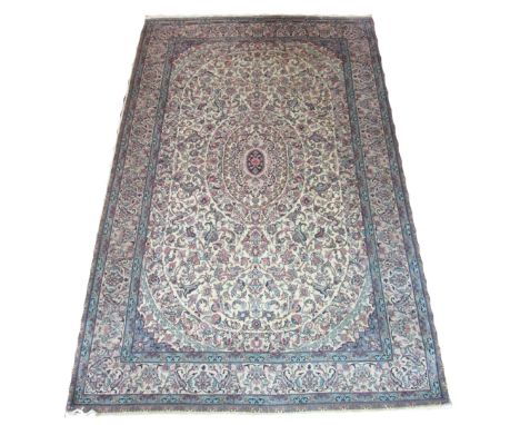 PART SILK KASHAN CARPET, 226cm x 140cm, scrolling vines and palmettes on an ivory field inside corresponding bands and border