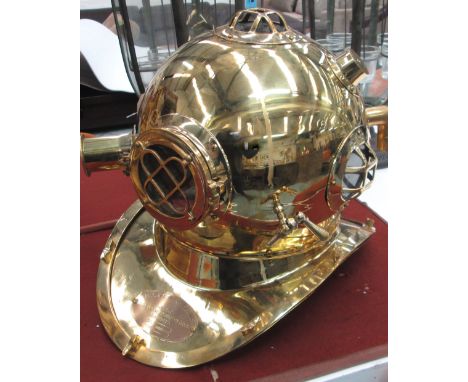 DEEP SEA DIVERS HELMET, brass with US Navy plaque, 36cm H x 42cm W. 