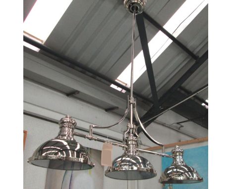 POOL HALL LAMP, chrome, with three lamps, frosted glass and chrome shade, 120cm W. 