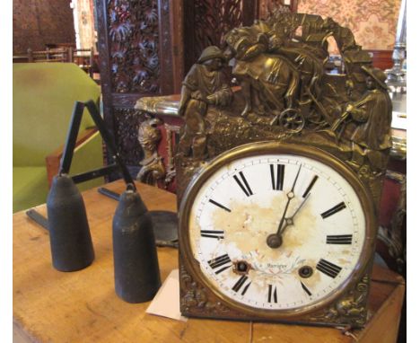 FRENCH WALL CLOCK, 19th century, the enamel dial within a metal surround embossed an agricultural scene, bell striking moveme