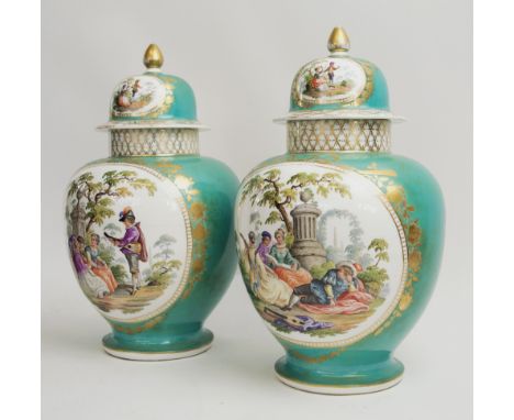 LIDDED VASES, a pair, 19th century Meissen manner, ceramic decorated romantic figure scenes in cartouches on a turquoise and 