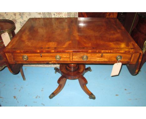 SOFA TABLE, Regency mahogany and rosewood crossbanded with two frieze drawers with dummy drawers to verso on a turned column 