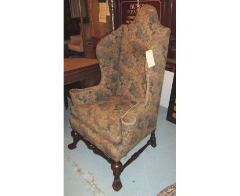WINGBACK ARMCHAIR, early 20th century oak of William and Mary design in tapestry style fabric with carved and turned base, 90