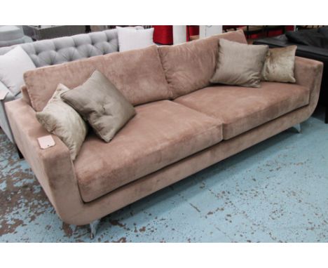 SOFA, large two seater, in beige fabric on chromed metal supports plus four scatter cushions, 230cm L.