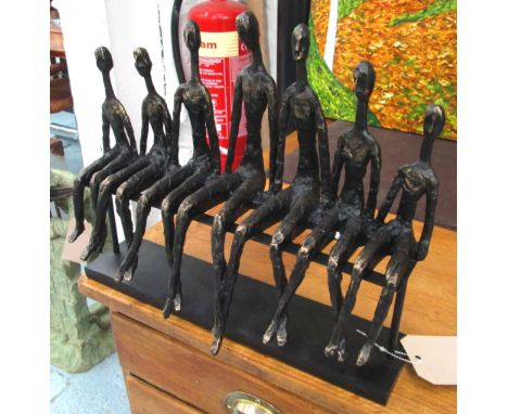 SCULPTURE, friends on a bench, in the style of Giacometti, 39cm W x 35cm H. 